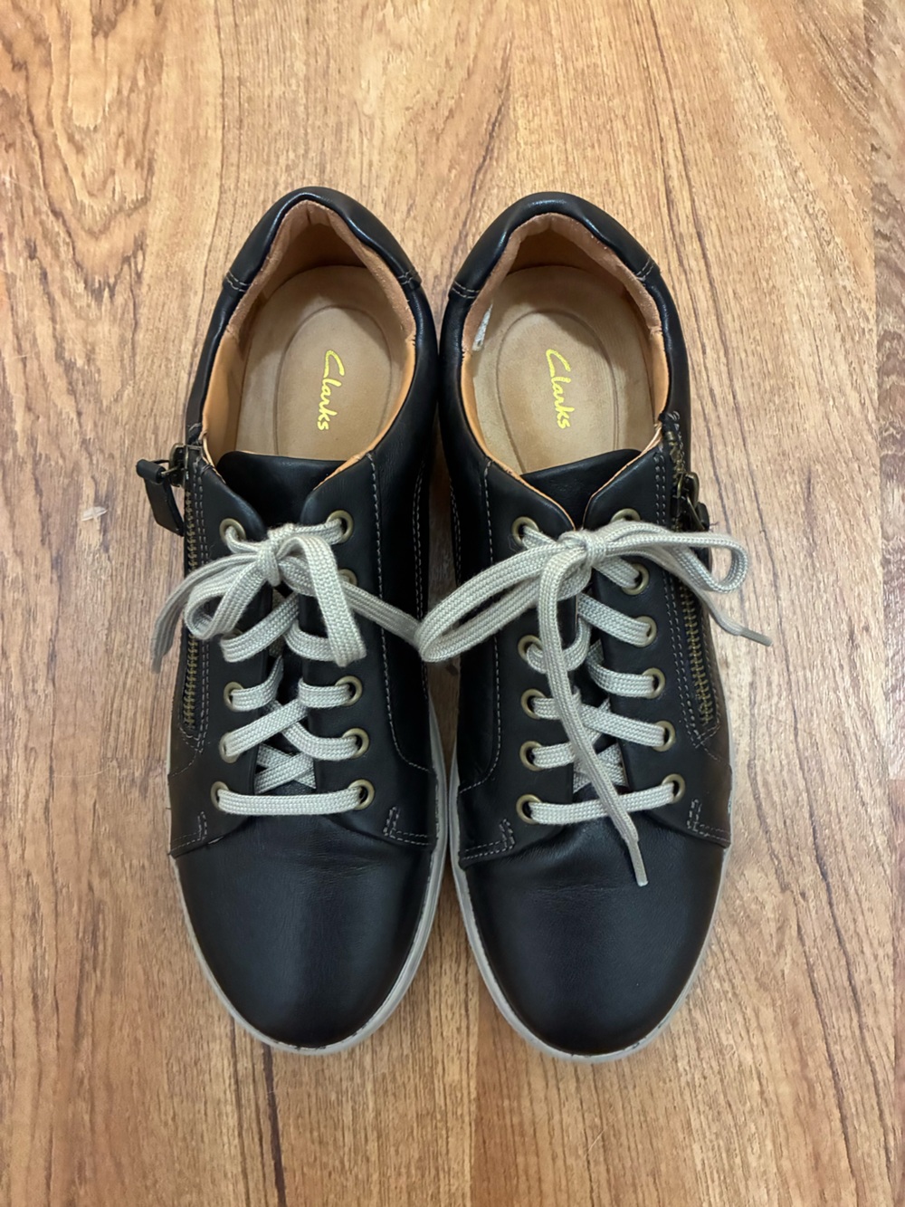 Clarks Nalle Lace Black Leather Ortholite Comfort Walking Shoes Side Zipper 10M
